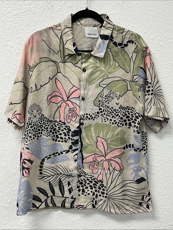 Raga Man Other - Men's Short Sleeve Tropical Print Shirt - Beige/Pink/Green #1244